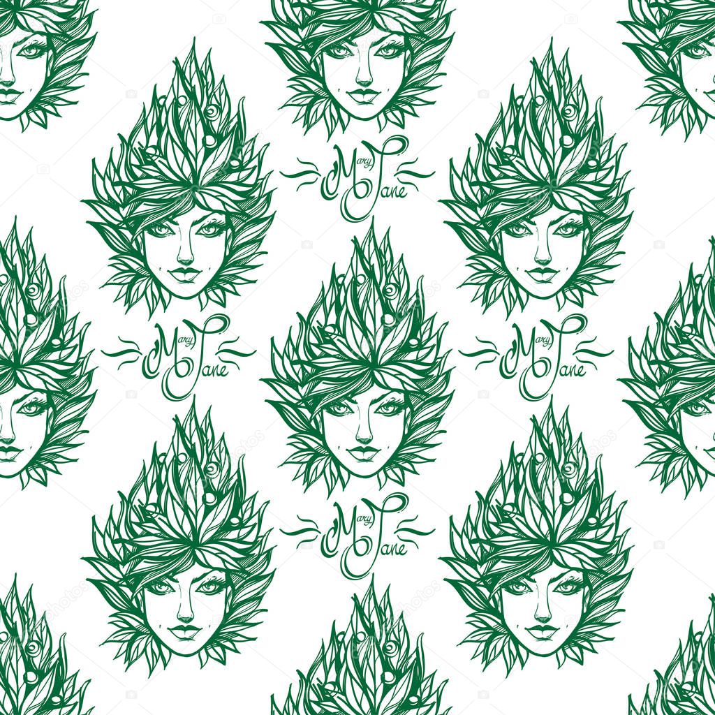 Pattern of girl with hairstyle of marijuana leaves