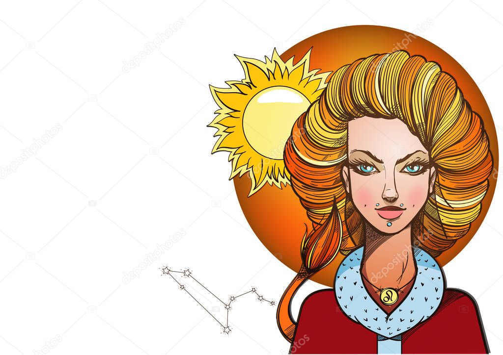 Rectangular background with Female portrait. Girl symbolizes the zodiac sign Leo. Color illustration with the image of women.