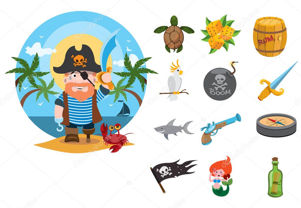 Set of cartoon pirate theme icons