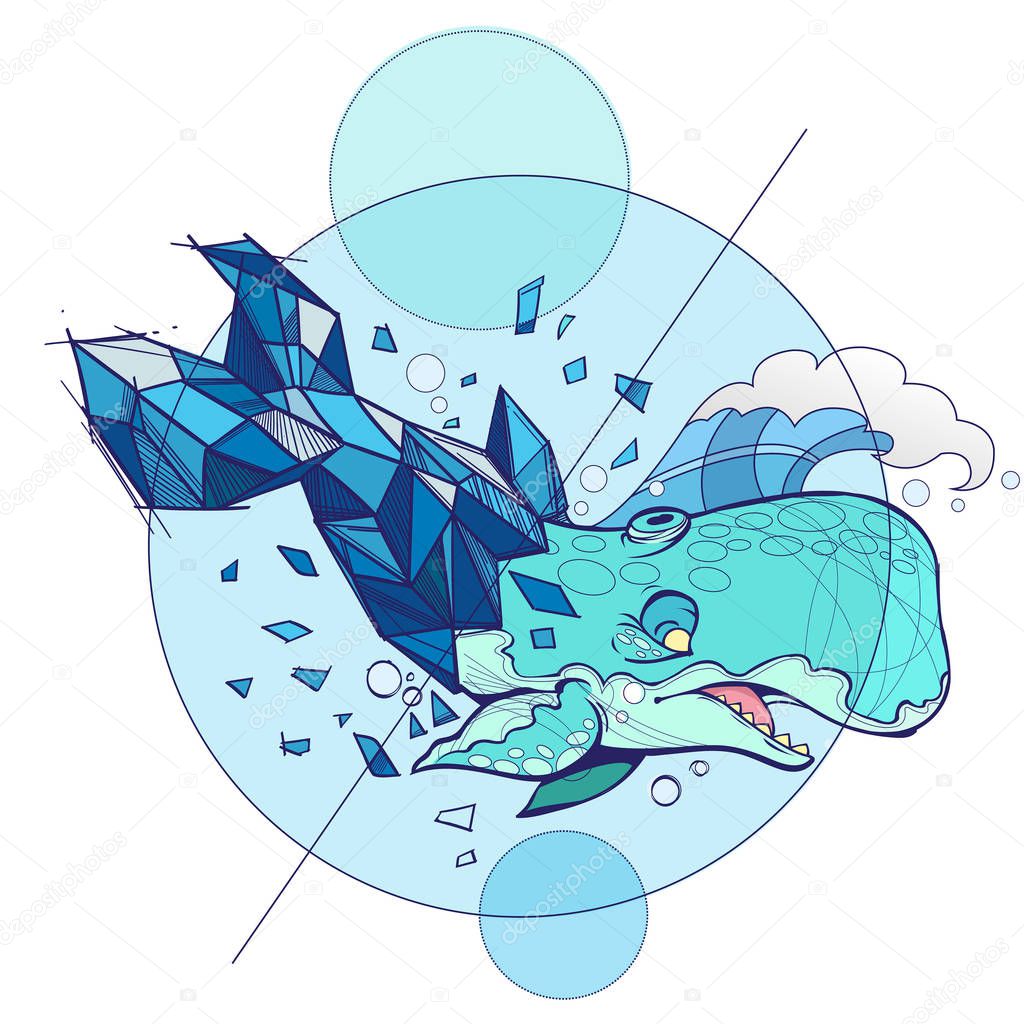 Vector illustration of blue whale on white background