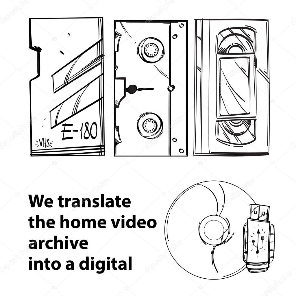 Outline Retro video cassette, compact disk and flash drive