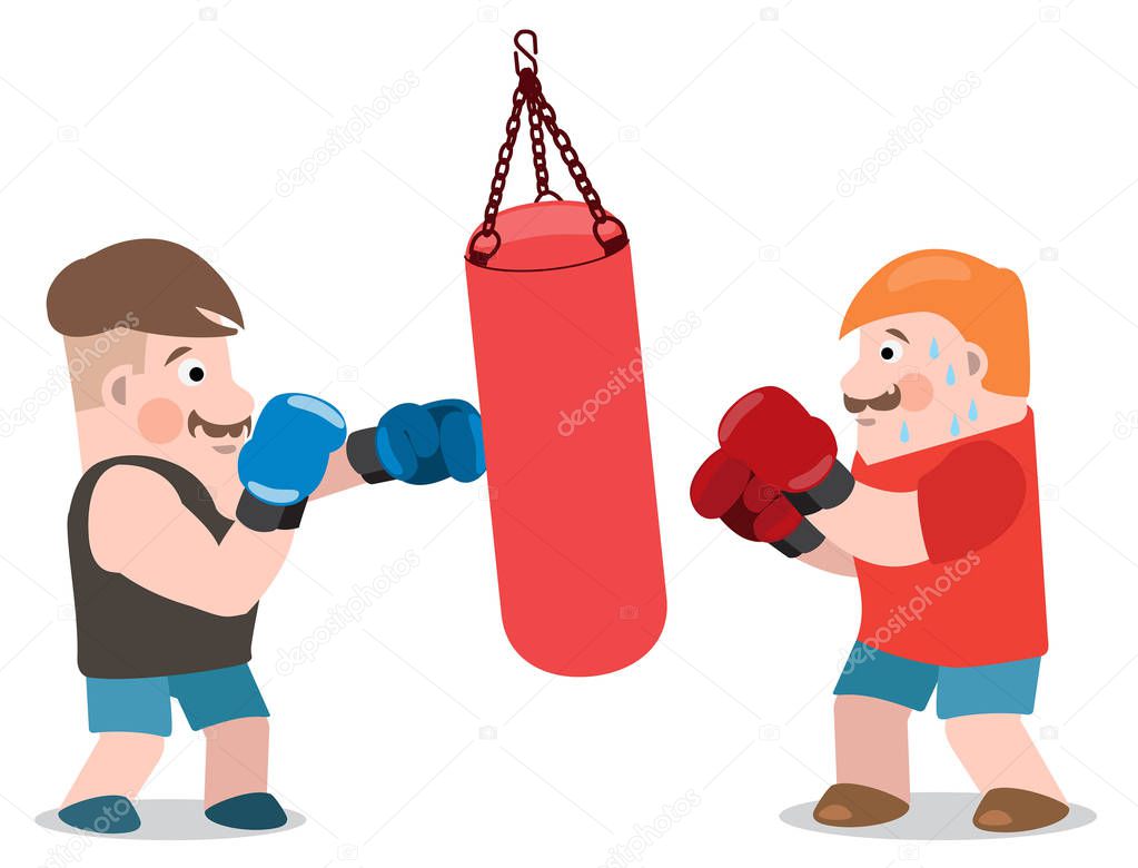 Two boxing men near punching bag isolated on white background