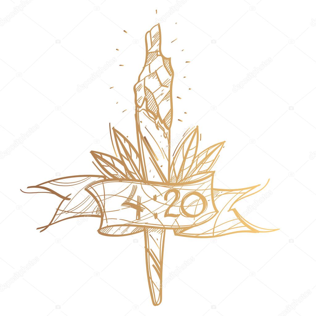 Sketch cigarette with marijuana on white background