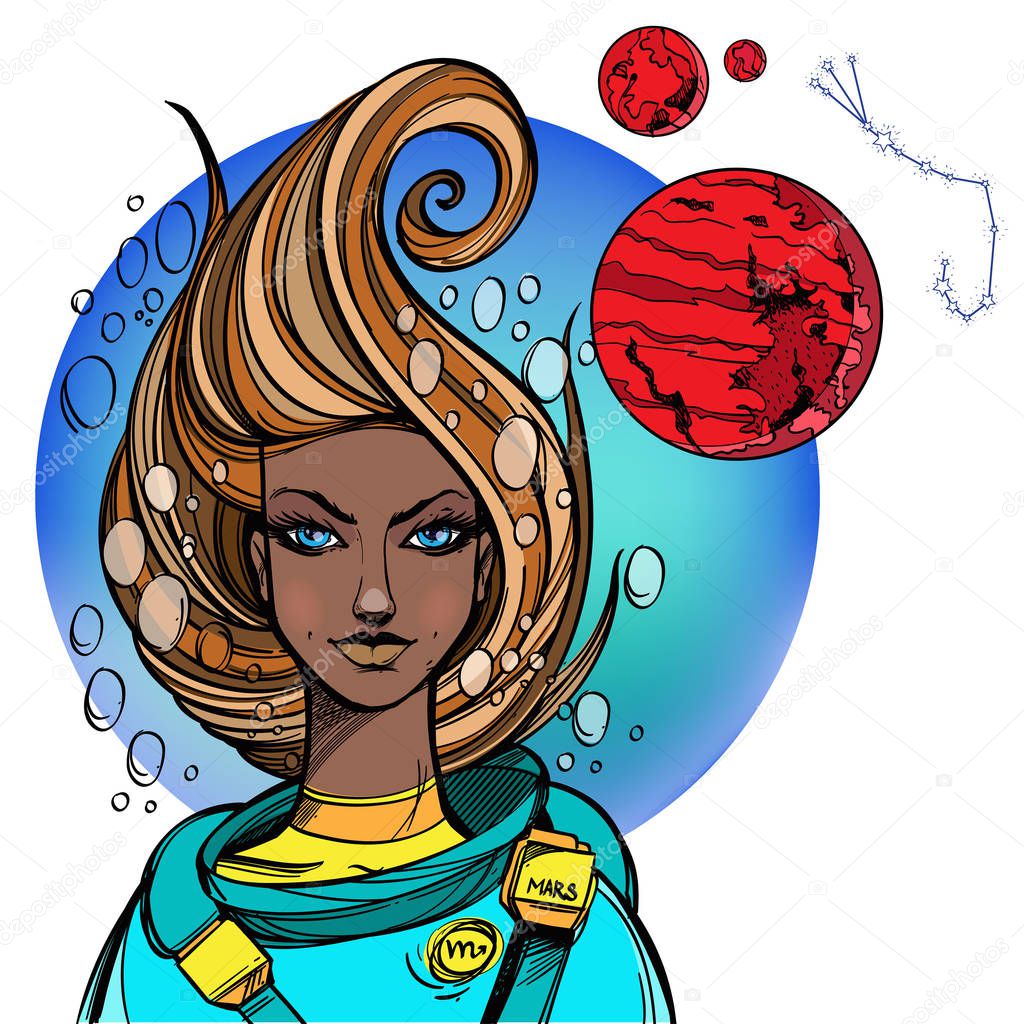 African American girl. Girl symbolizes the zodiac sign Scorpio. Color illustration with the image of women.