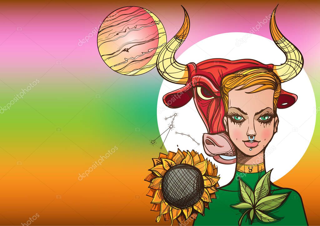 Beautiful rectangular background with Female portrait. Girl symbolizes the zodiac sign Taurus. Color illustration with the image of women.