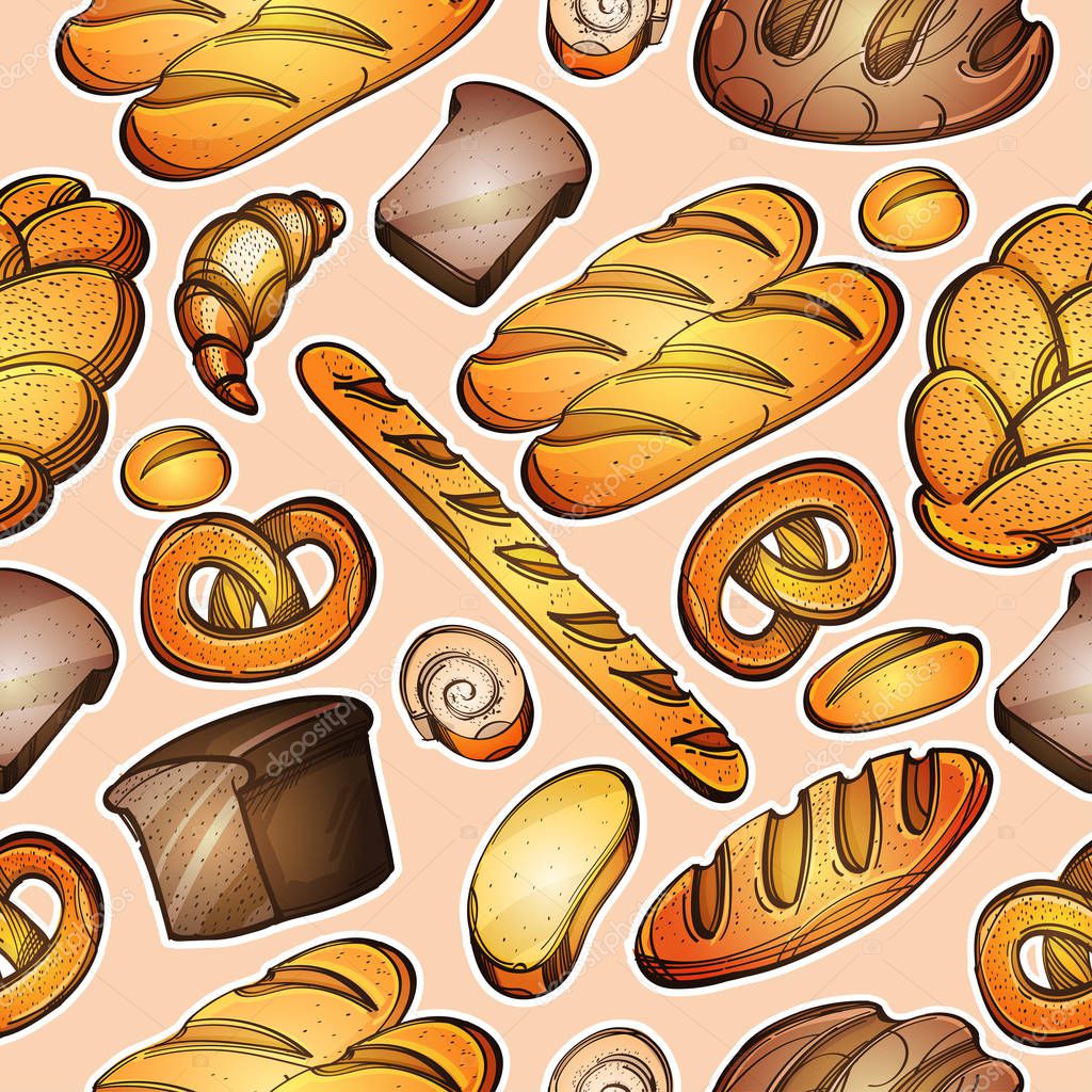 Set of vector bakery elements. Colored illustration with bread, bagel, baguette, croissant, roll, cake, pretzel on beige background