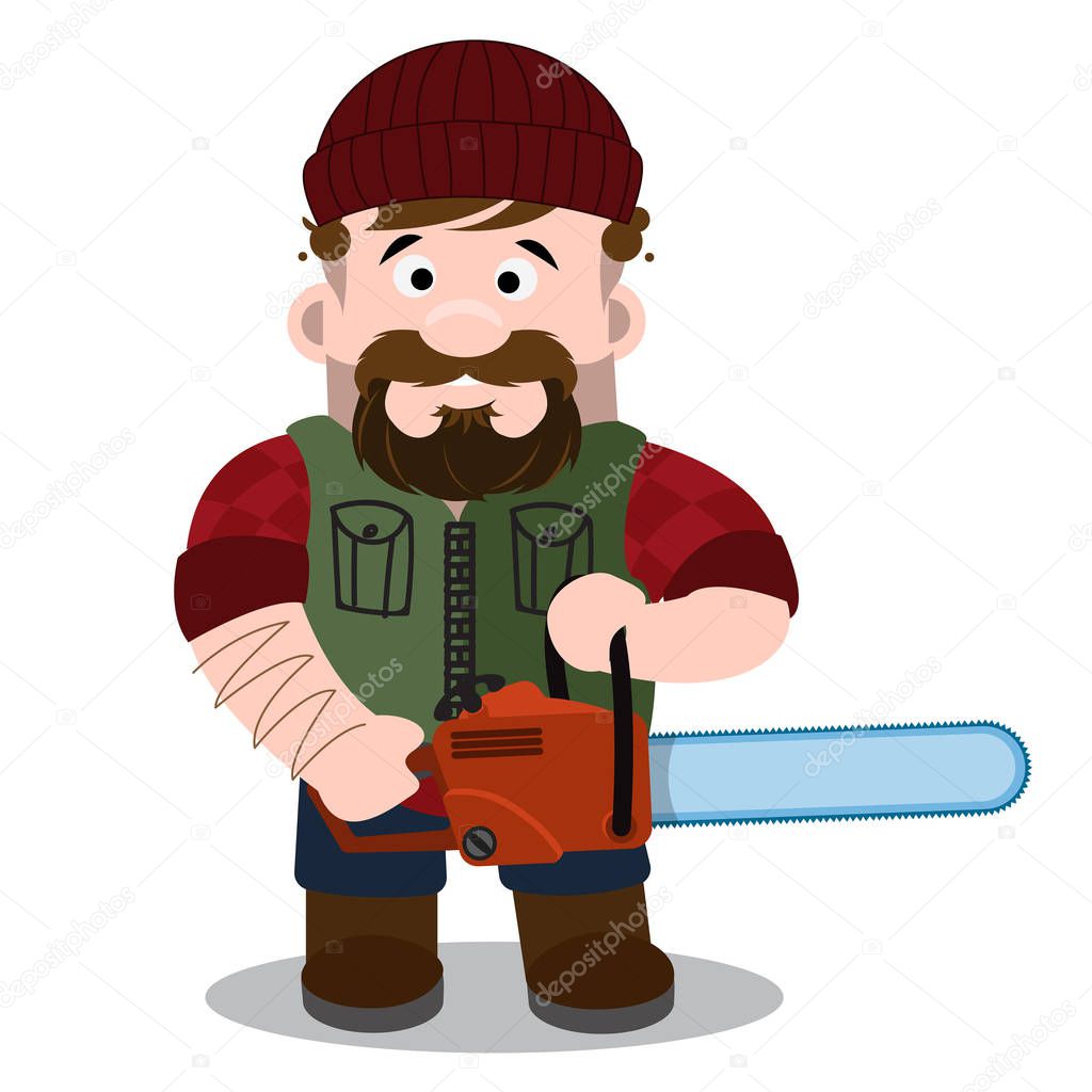 Vector Woodcutter with chainsaw. Cartoon Illustration isolated on white background