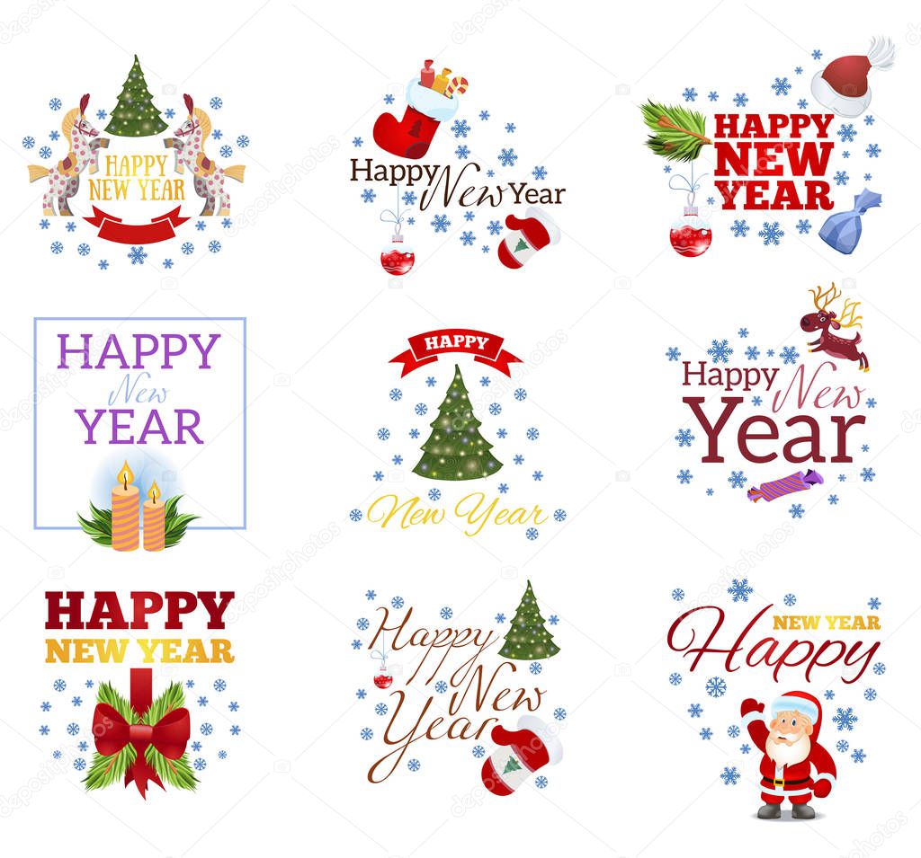 Happy New Year. Set of decorative design elements for greeting cards, invitations and other items.