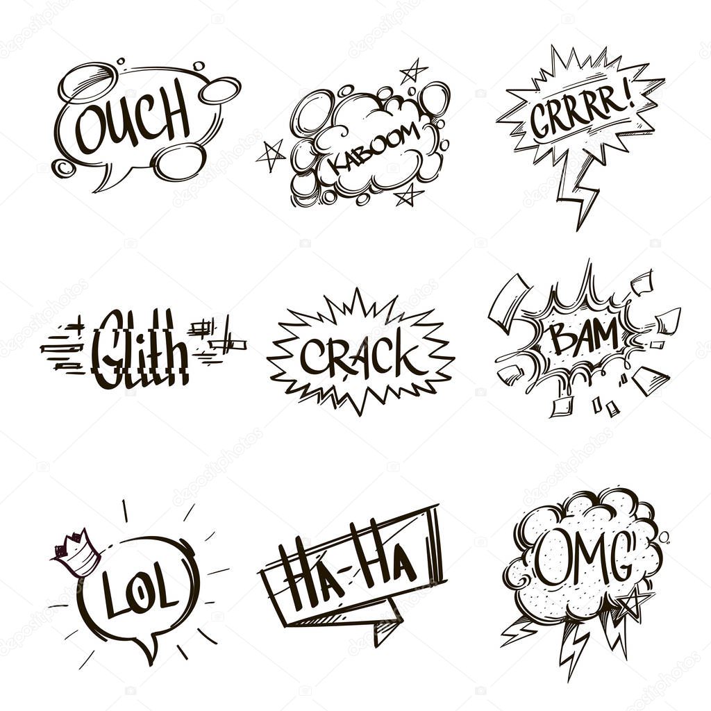 Set of hand drawn speech bubbles with inscriptions. Vector illustration isolated on white background.