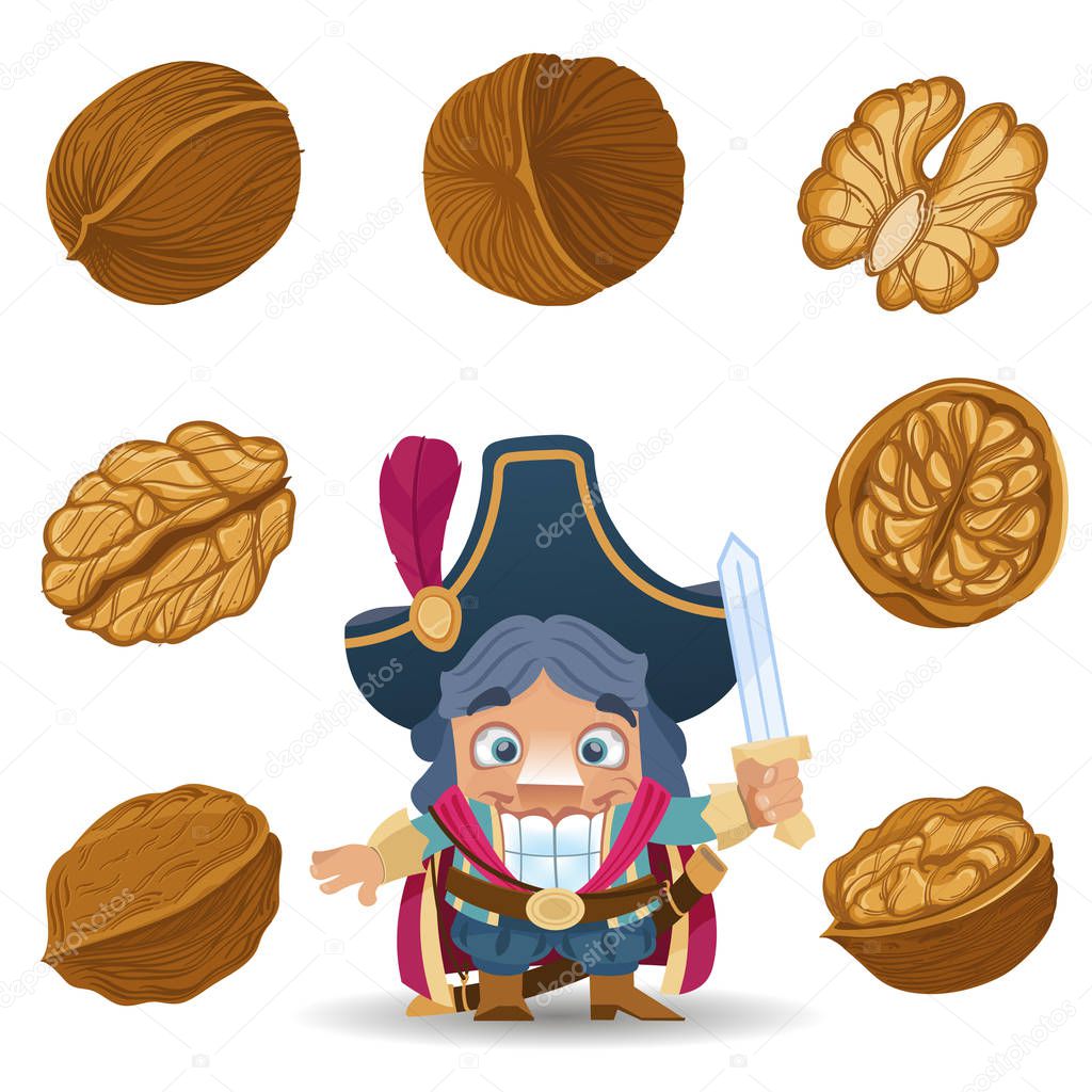 Nutcracker and walnuts. Illustration for a fairy tale. New Year clipart.