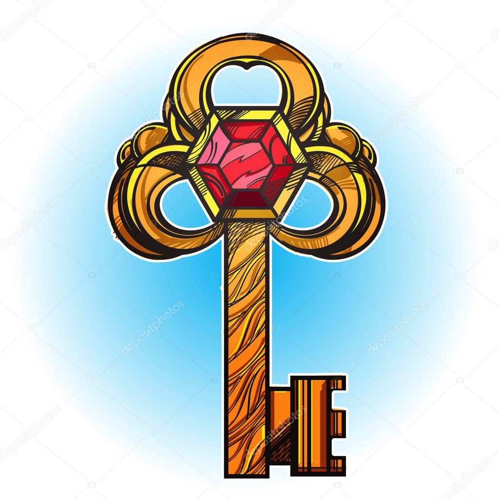 Golden vintage key with precious stone. Colored vector illustration isolated on white background.