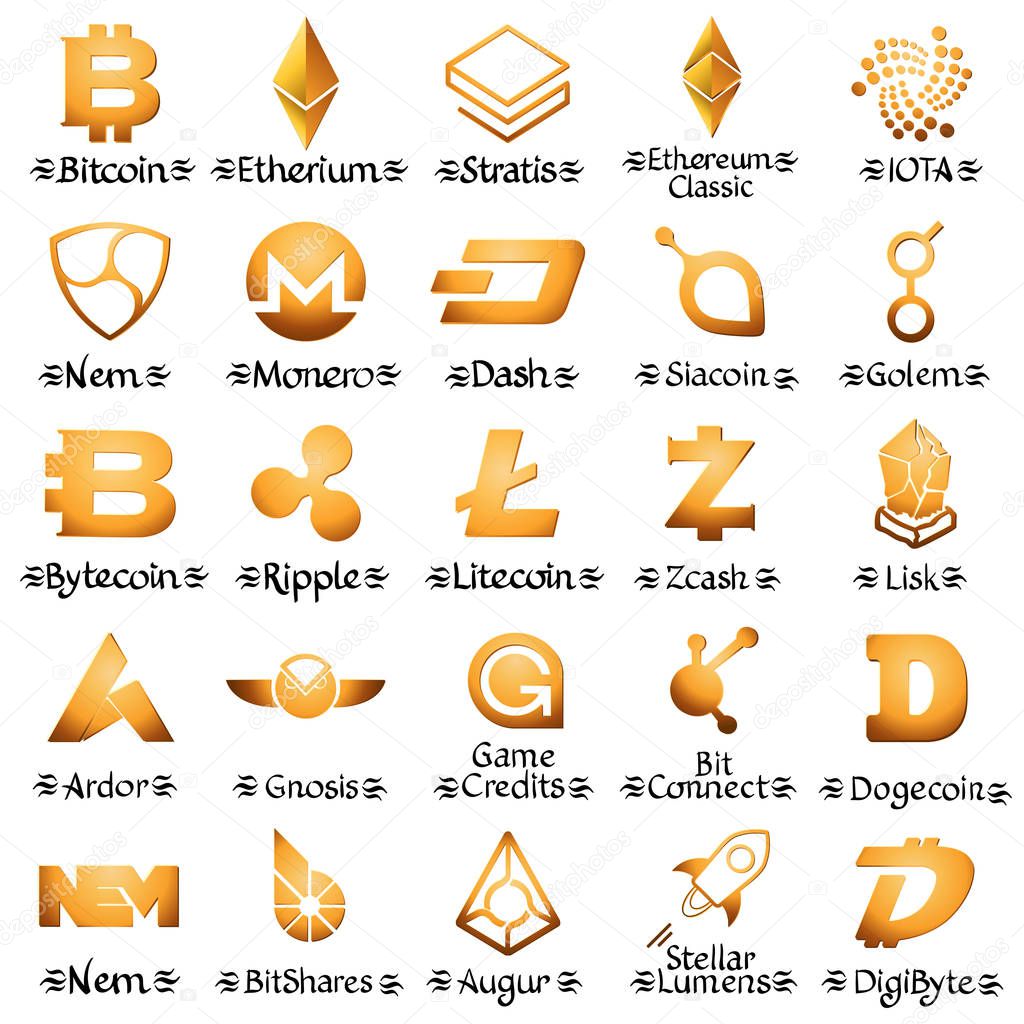 Large set of golden cryptocurrency icons. Vector illustration iolated on white background.