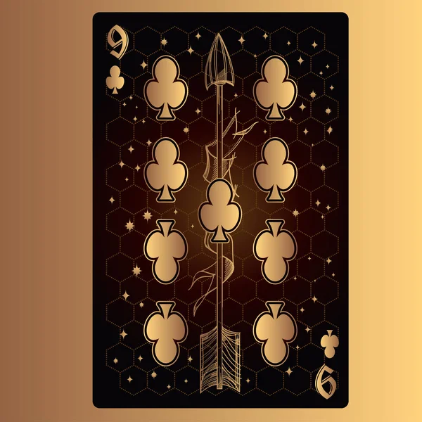 Nove Clubes Playing Card Com Design Original —  Vetores de Stock
