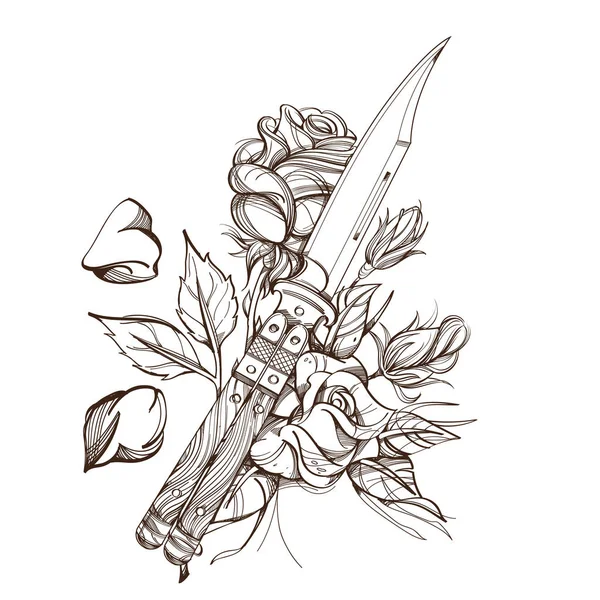 短剣と着色または入れ墨の描くバラの輪郭 — ストックベクタ