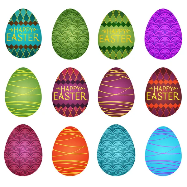 Conjunto Huevos Pascua Colores Con Varios Patrones Las Palabras Feliz — Vector de stock