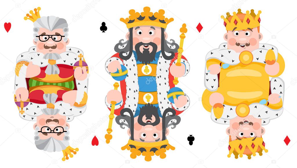 Kings of three suits: hearts, clubs and diamonds, Playing cards with cartoon characters