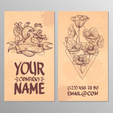 Cards with the image of the heart and poppies. Templates for creating business cards, posters, advertising pages. clipart