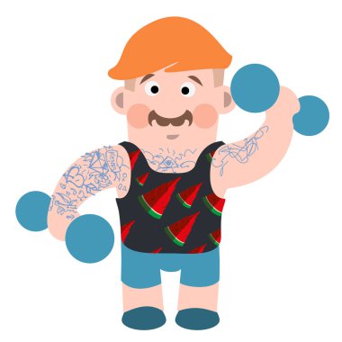 Dumbbell dövme ile elinde olan adam. Vektör çizim