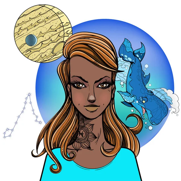 Chica Afroamericana Chica Simboliza Signo Del Zodiaco Piscis Ilustración Color — Archivo Imágenes Vectoriales