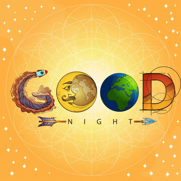 Words Good Night Moon Stars Yellow Background — Stock Vector