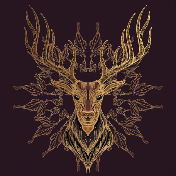 Deer Head Decorative Ornament Leaves Dark Purple Background — Stock Vector