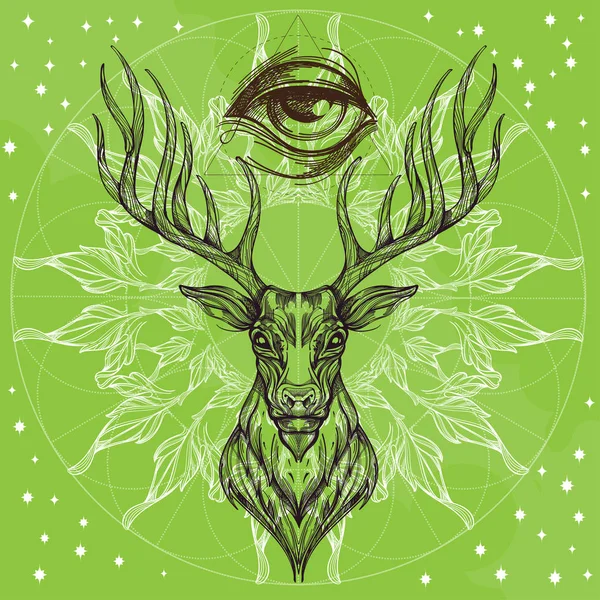 Hjorthuvud Med Dekorativa Ornament Löv Och Alla Seeing Eye — Stock vektor