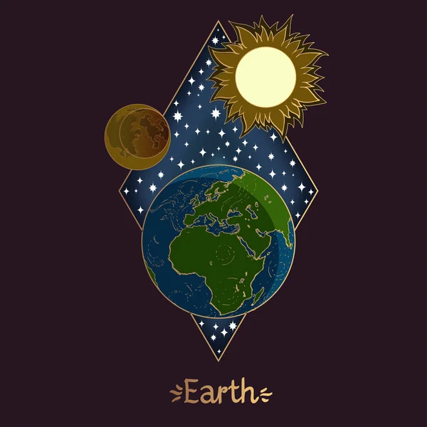 Paisagem Planeta Terra Com Lua Sol Sobre Fundo Violeta — Vetor de Stock