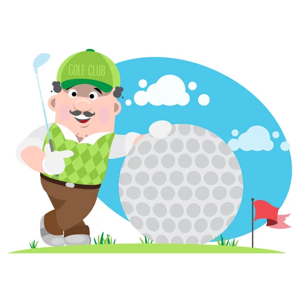 Vector Cartoon Golfer Met Stok Buurt Van Grote Golfbal — Stockvector