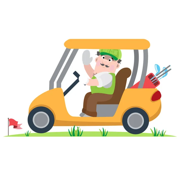 Vector Cartoon Golfer Golf Bewegen Auto Geïsoleerd Witte Achtergrond — Stockvector