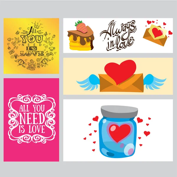 Juego Tarjetas Pancartas Folletos Para Decoración Regalos Día San Valentín — Vector de stock