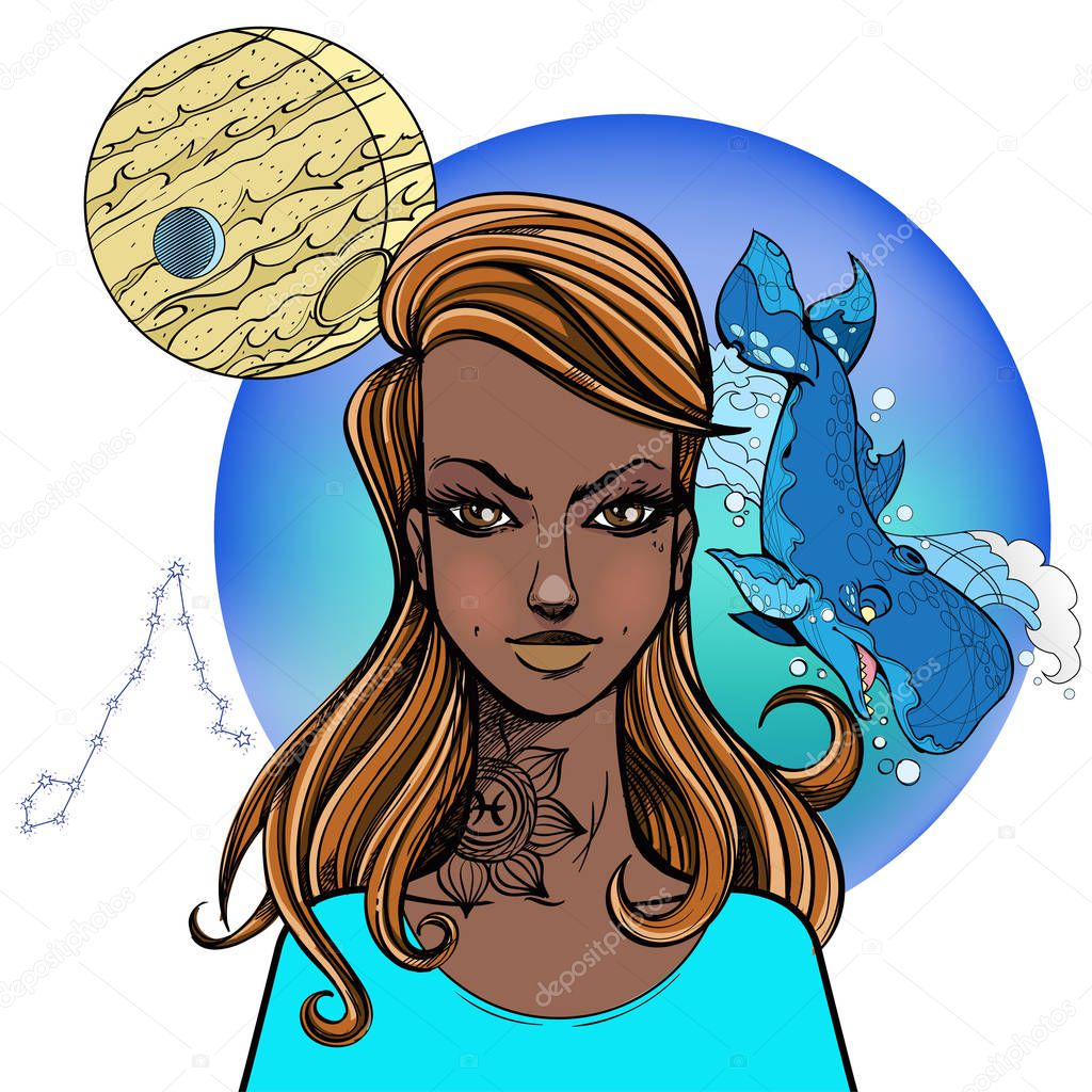 African American girl. Girl symbolizes the zodiac sign Pisces. Color illustration with the image of women.