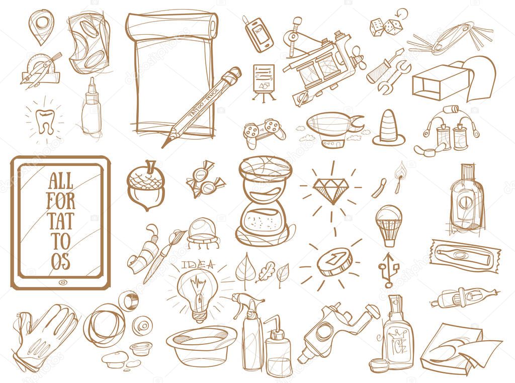A set of contour icons with tattoo goods for product design, advertising booklets, posters.