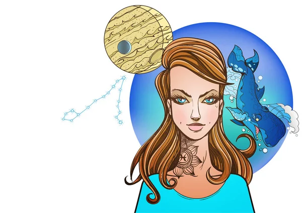 Prostokątne Tło Portret Kobiety Dziewczyna Symbolizuje Znak Zodiaku Ryby Ilustracja — Wektor stockowy
