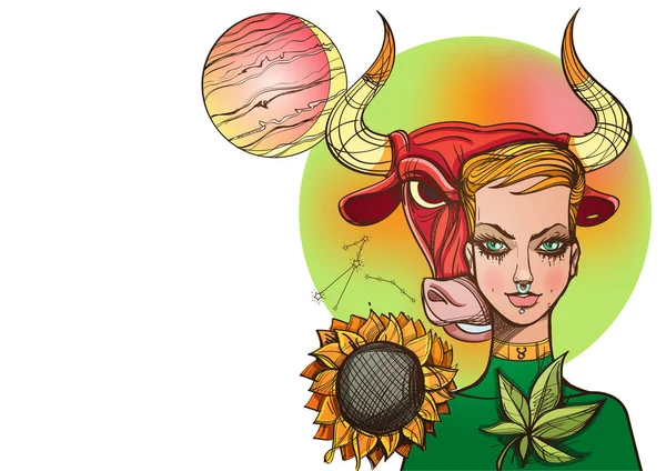 Prostokątne Tło Portret Kobiety Dziewczyna Symbolizuje Znak Zodiaku Byk Ilustracja — Wektor stockowy