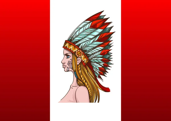 カナダの旗を北アメリカのインディアンの頭飾りの美しい少女 カナダのマリファナの合法化の概念 — ストックベクタ