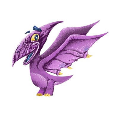 Sevimli çizgi dinozor pterodactyl beyaz arka plan üzerinde izole