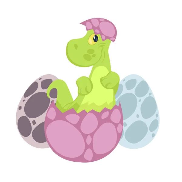 Cute cartoon dinosaur hatching from egg isolated on white background
