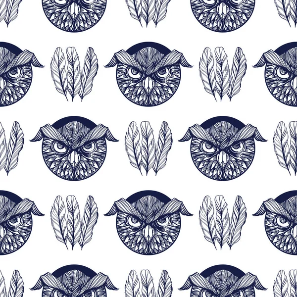 Feathers Owl Birds Monochrome Seamless Pattern White Background — Stock Photo, Image