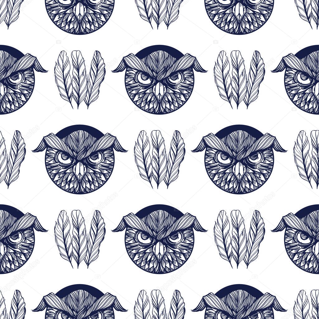 Feathers of owl or birds, monochrome seamless pattern on white background