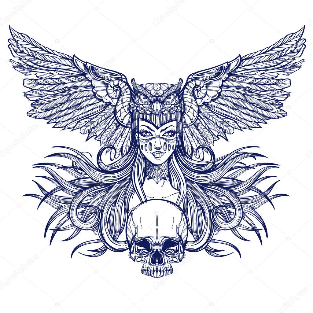 Girl with mask of owl and skull on white background