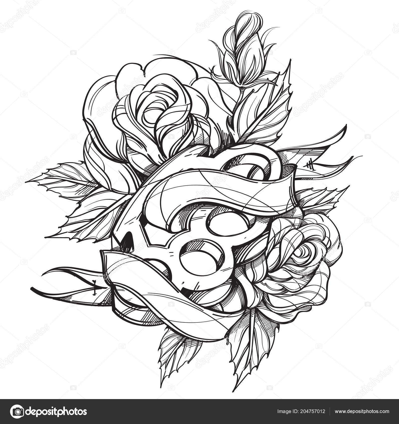 Brass Knuckle Ribbon Banner Rose Contour Drawing Coloring Tattooing Stock Vector C Filkusto 204757012
