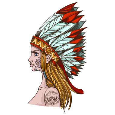 Kuzey Amerika yerlileri beyaz arka plan üzerinde izole headdress kız
