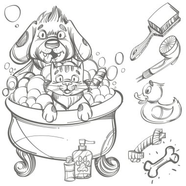 Karikatür köpek ve kedi banyo beyaz arka plan üzerinde