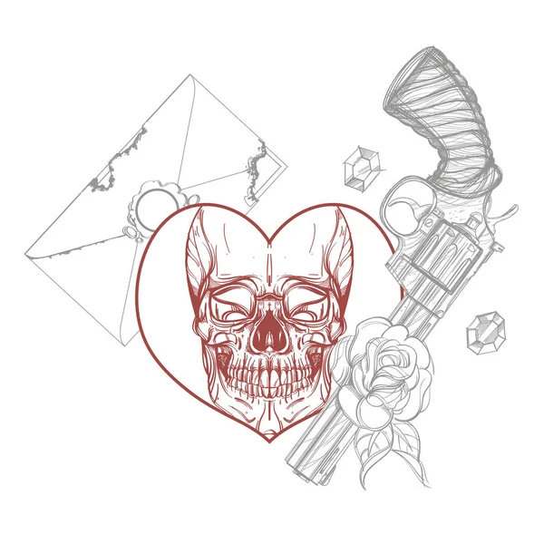 Skull Contour Sketch Tattoo Stickers Printing Shirts Other Items - Stok Vektor