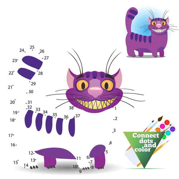 Join Points Children Educational Game Cheshire Cat — Stock Vector