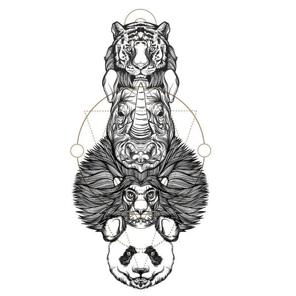 Totem Lion Tigre Rhinocéros Panda — Image vectorielle