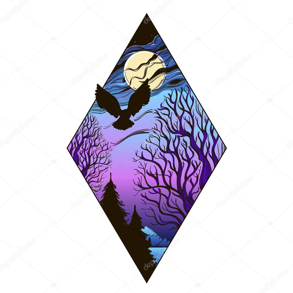 Night landscape with full moon, trees and owl in shape of diamond