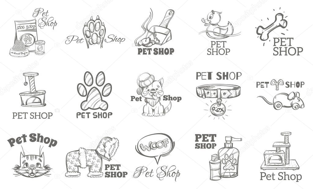 Set of pet shop accessories on white background