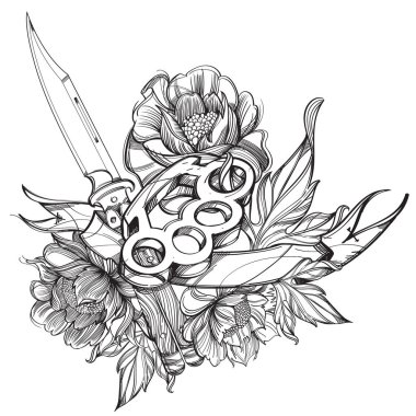 Dagger, brass knuckle, ribbon banner and rose contour drawing for coloring or tattooing clipart