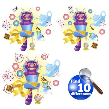 Find ten differences of children educational game, Cheshire Cat clipart